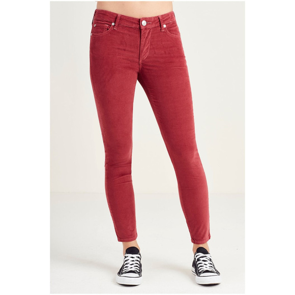 True Religion Women's Halle Super Skinny Crop Capri Corduroy Pants in Red - Picture 2 of 5